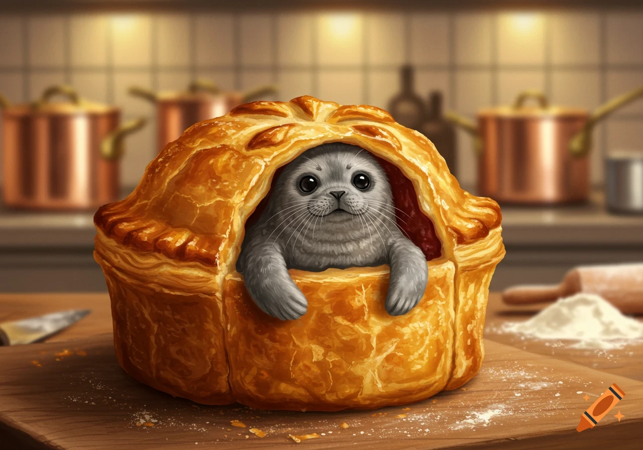 A cute seal peeking out of a golden-brown pastry, resembling a Beef Wellington, on a wooden kitchen counter.