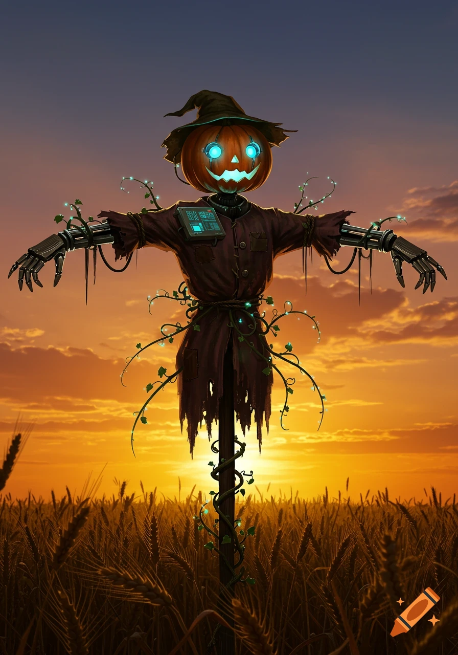 Robotic scarecrow with a glowing jack-o'-lantern head and witch hat in a wheat field at sunset, digital art.