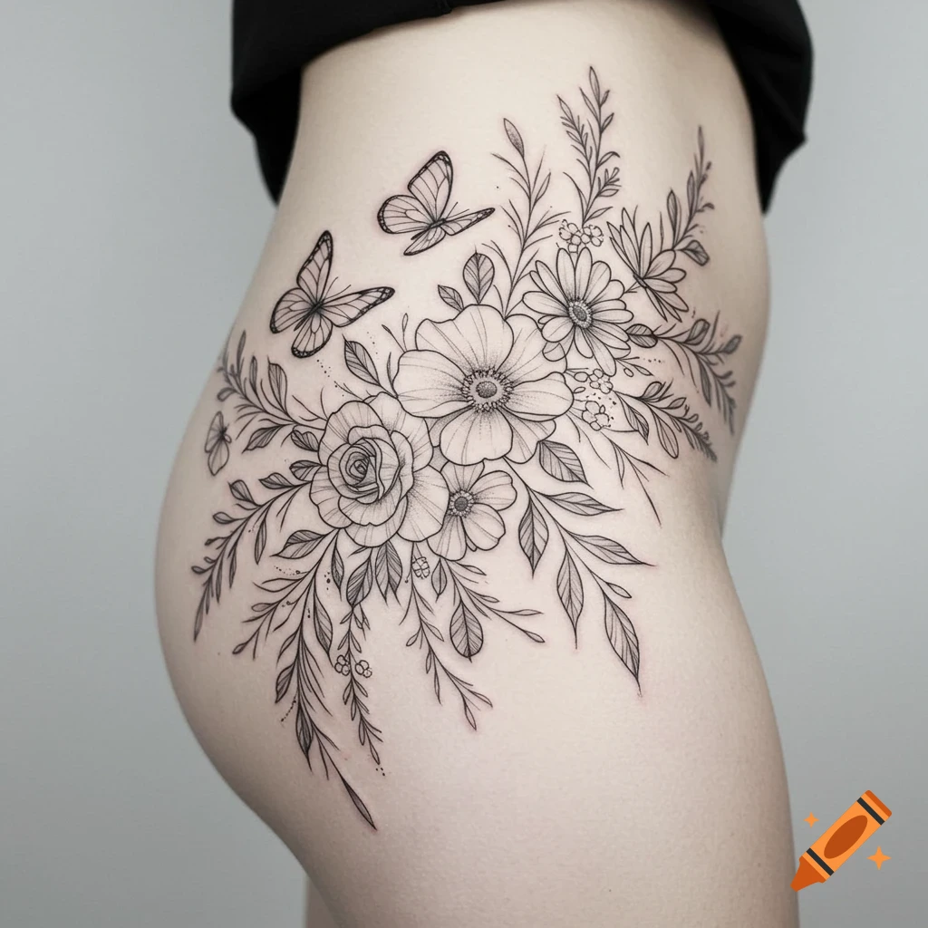Detailed black outline tattoo of flowers, leaves, and butterflies on a person's hip.