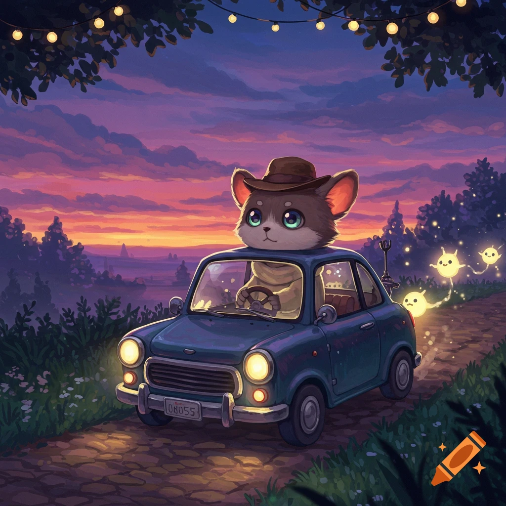 A whimsical illustration of a cute cat-like creature in a hat driving a small blue car on a dirt road at sunset, with glowing spirits trailing.