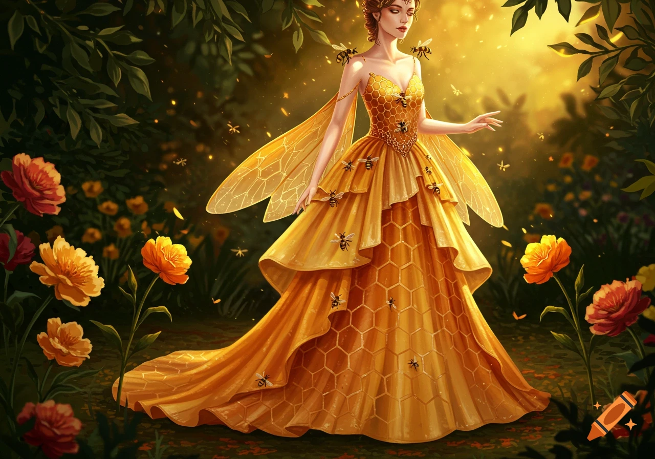 A woman in an elaborate golden honeycomb dress with bee wings and real bees, in a magical forest with glowing light.