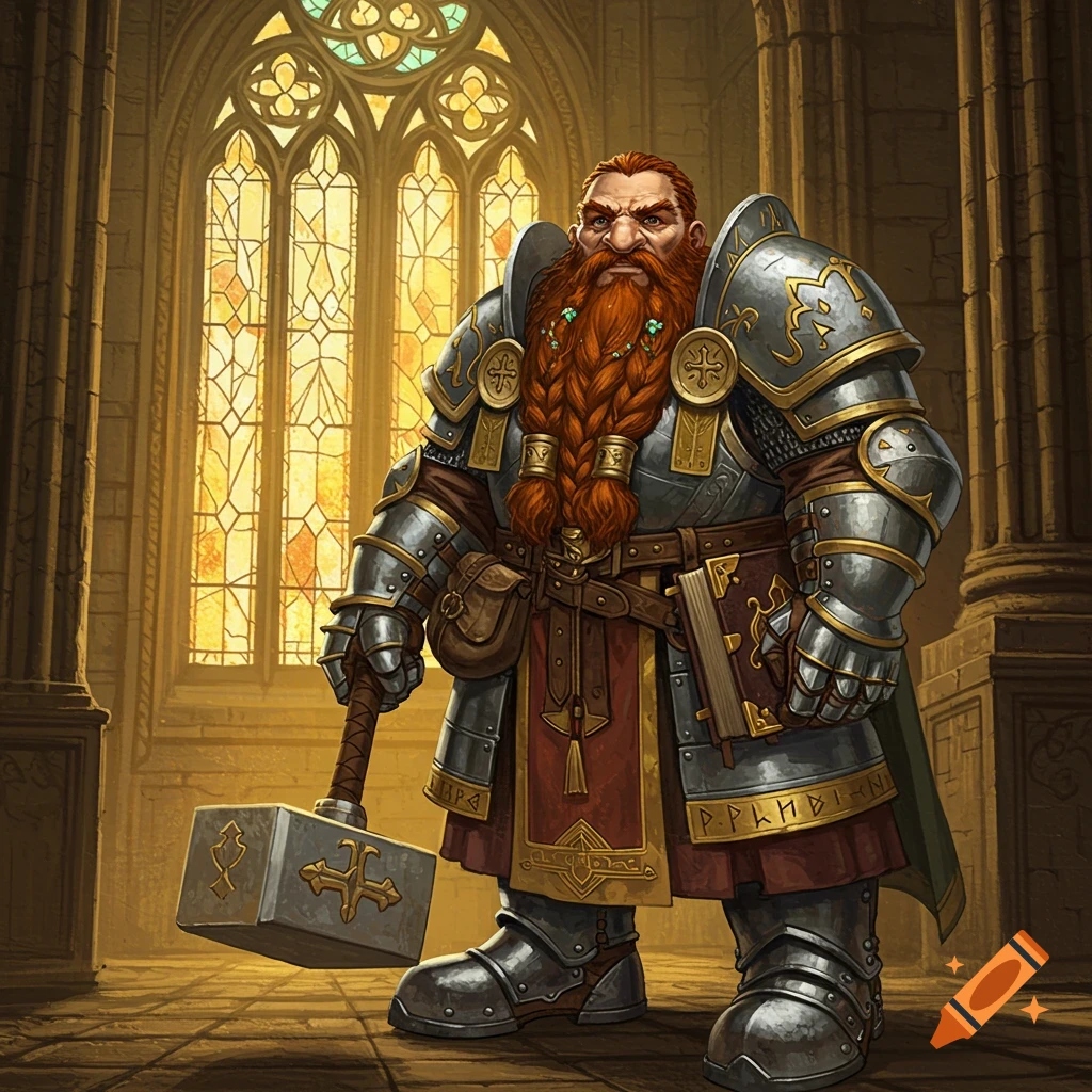 A heavily armored dwarf cleric with a braided red beard stands in a church, holding a large hammer and a book. Stained glass windows are in the background.