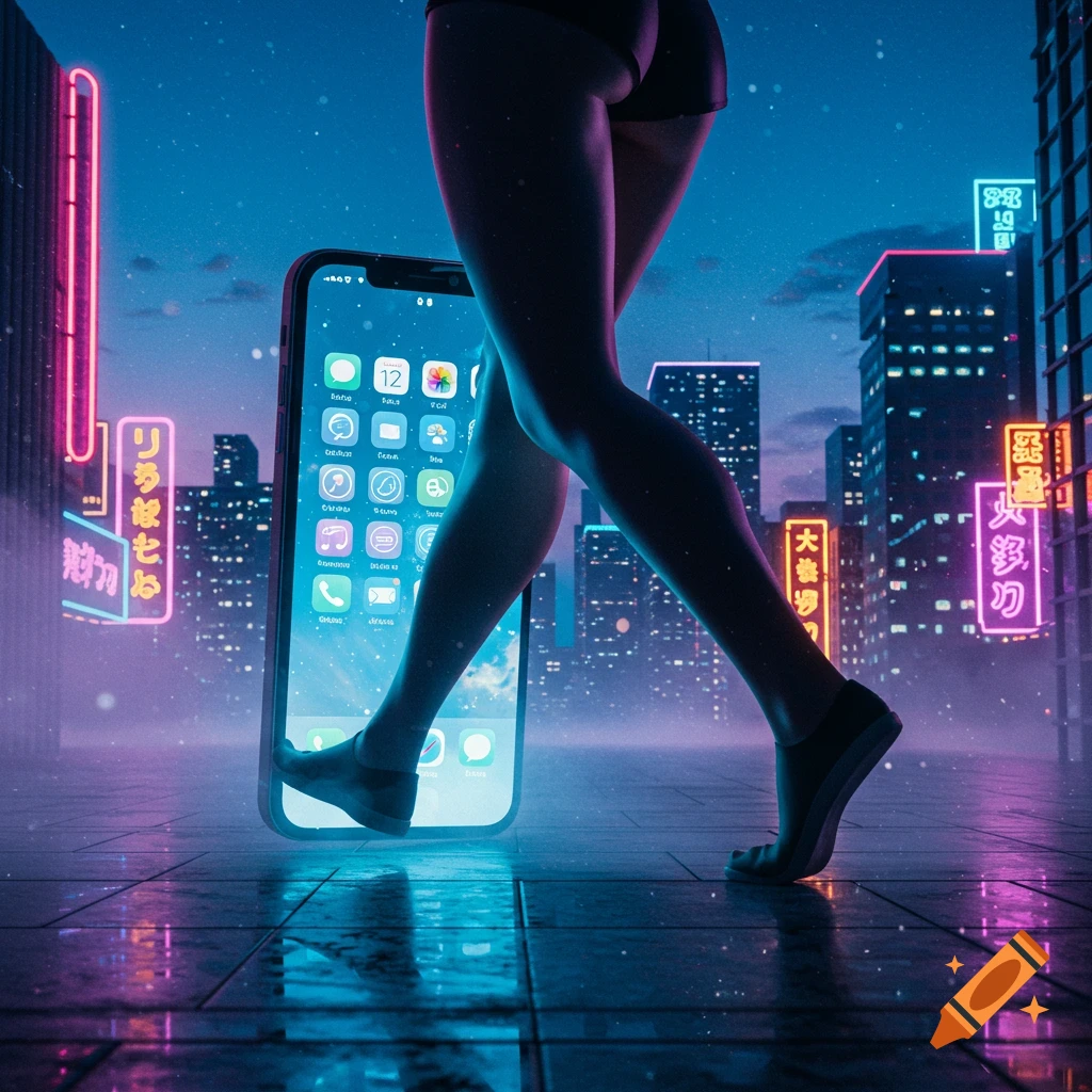A person's silhouetted legs stride over a giant glowing smartphone in a neon-lit cyberpunk city at night.