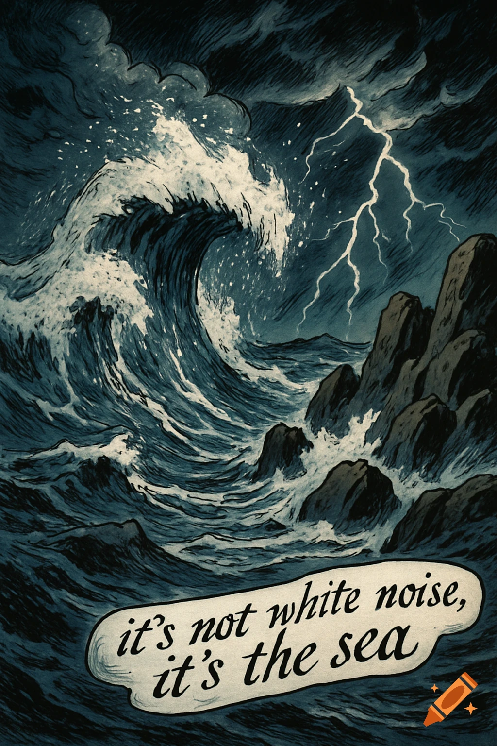 Comic illustration of a stormy sea with crashing waves, jagged rocks, and lightning. Caption: "it's not white noise, it's the sea".