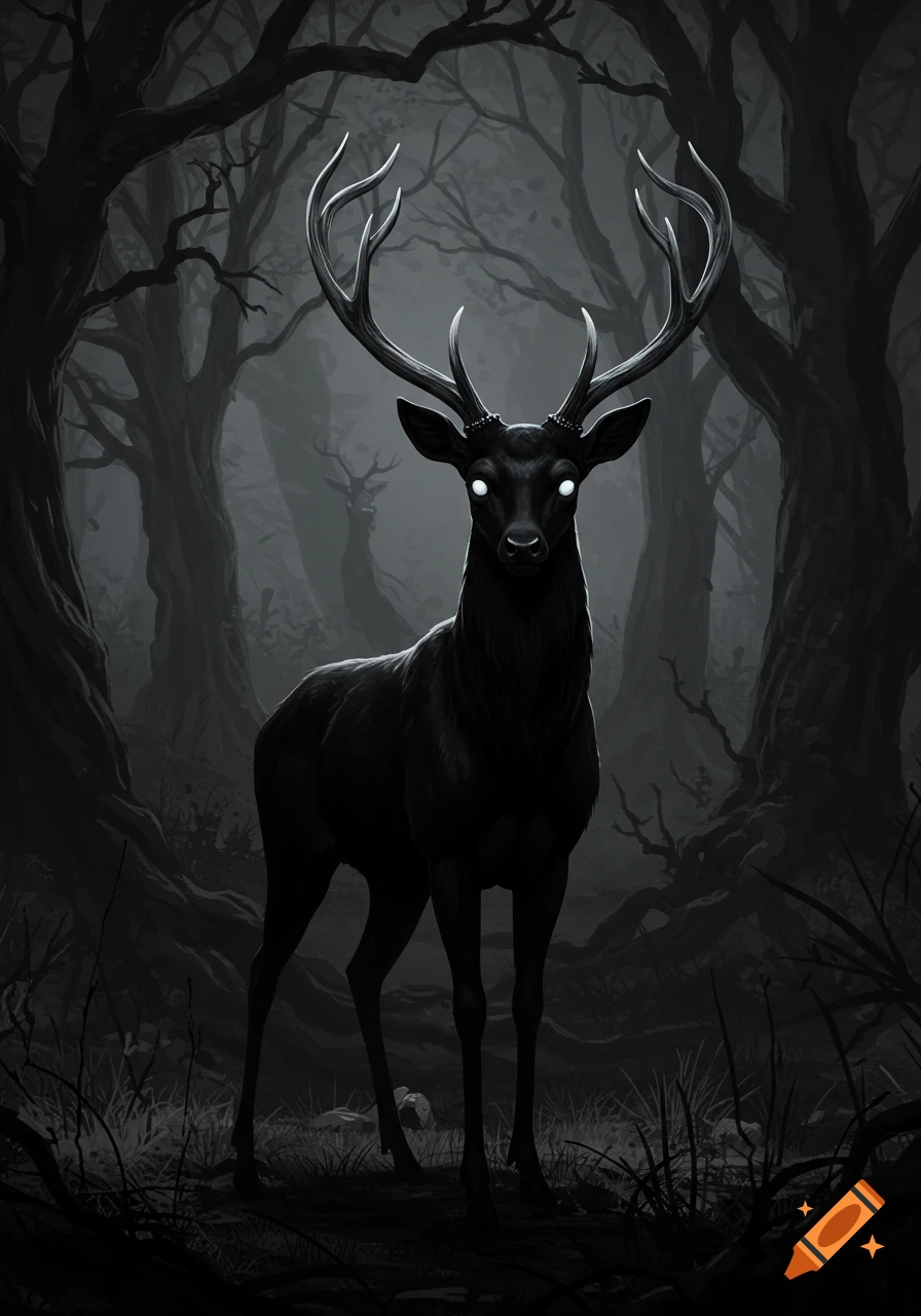 A dark, black deer with glowing white eyes and grey antlers stands in a shadowy, dead forest.