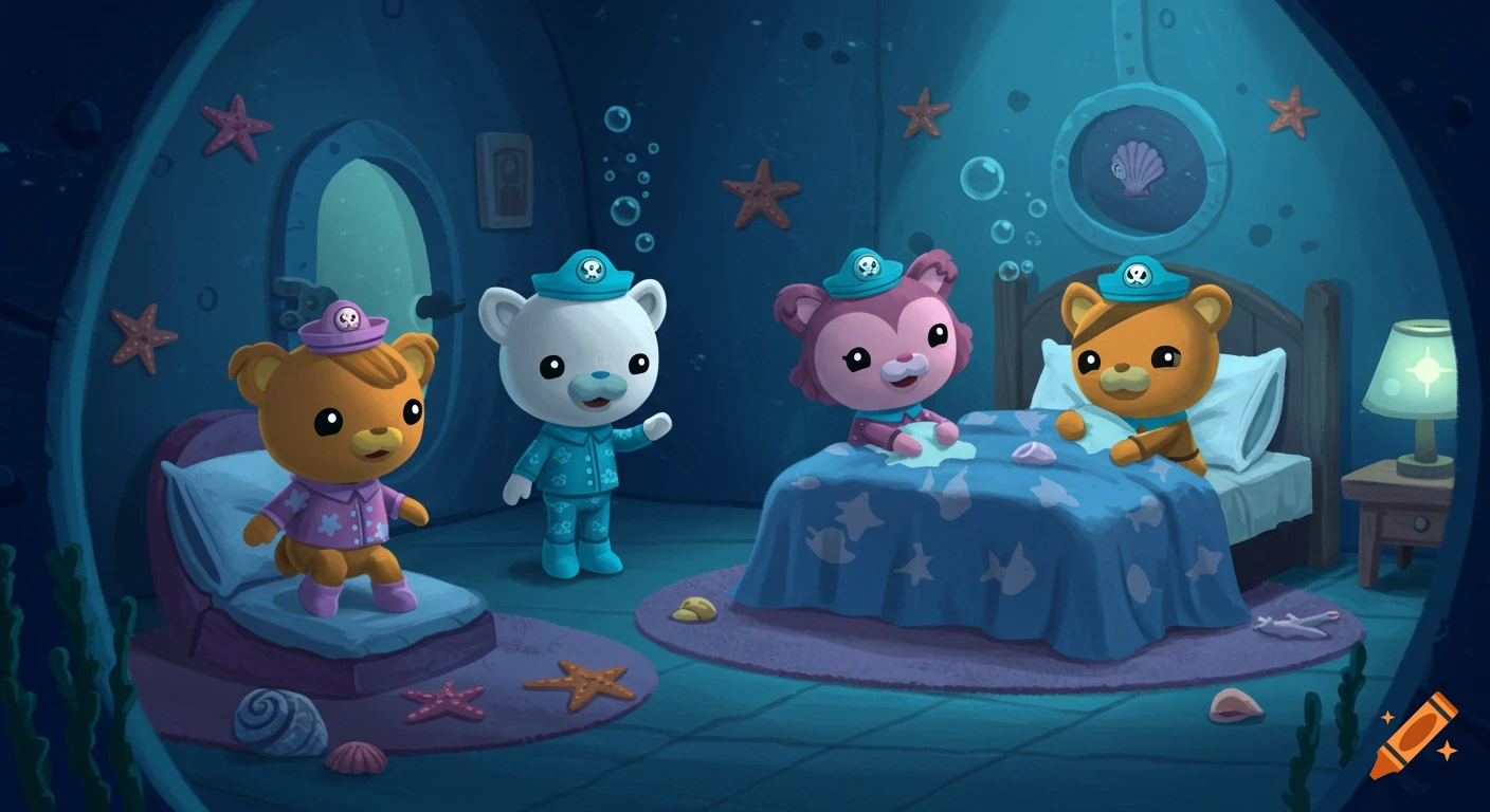 Cartoon image of four Octonauts characters in pajamas in an underwater-themed bedroom, getting ready for bed.