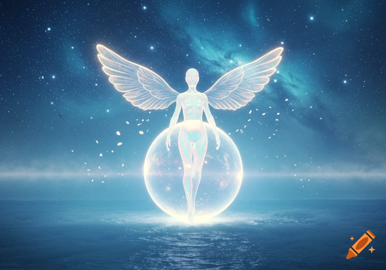 A luminous, ethereal winged figure stands on a glowing orb above dark waters under a starry night sky.