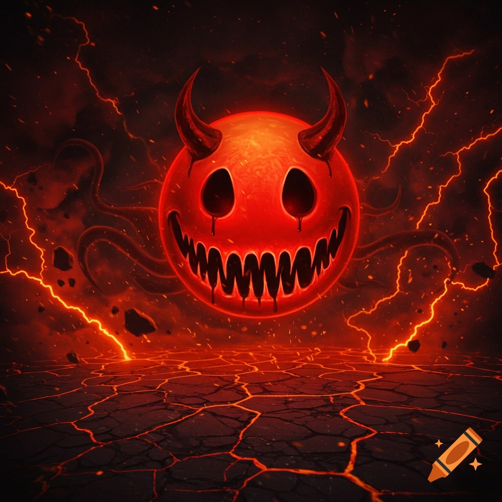 A glowing red evil smiley face with horns, fangs, and black tears floats above cracked, fiery ground with lightning in a dark, hellish sky, stylized.