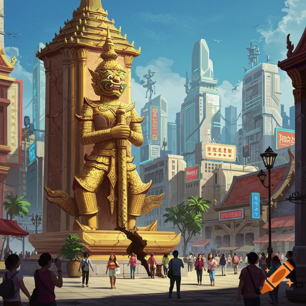 A large golden guardian statue stands in a bustling, futuristic cityscape with traditional buildings and neon signs, under a blue sky.