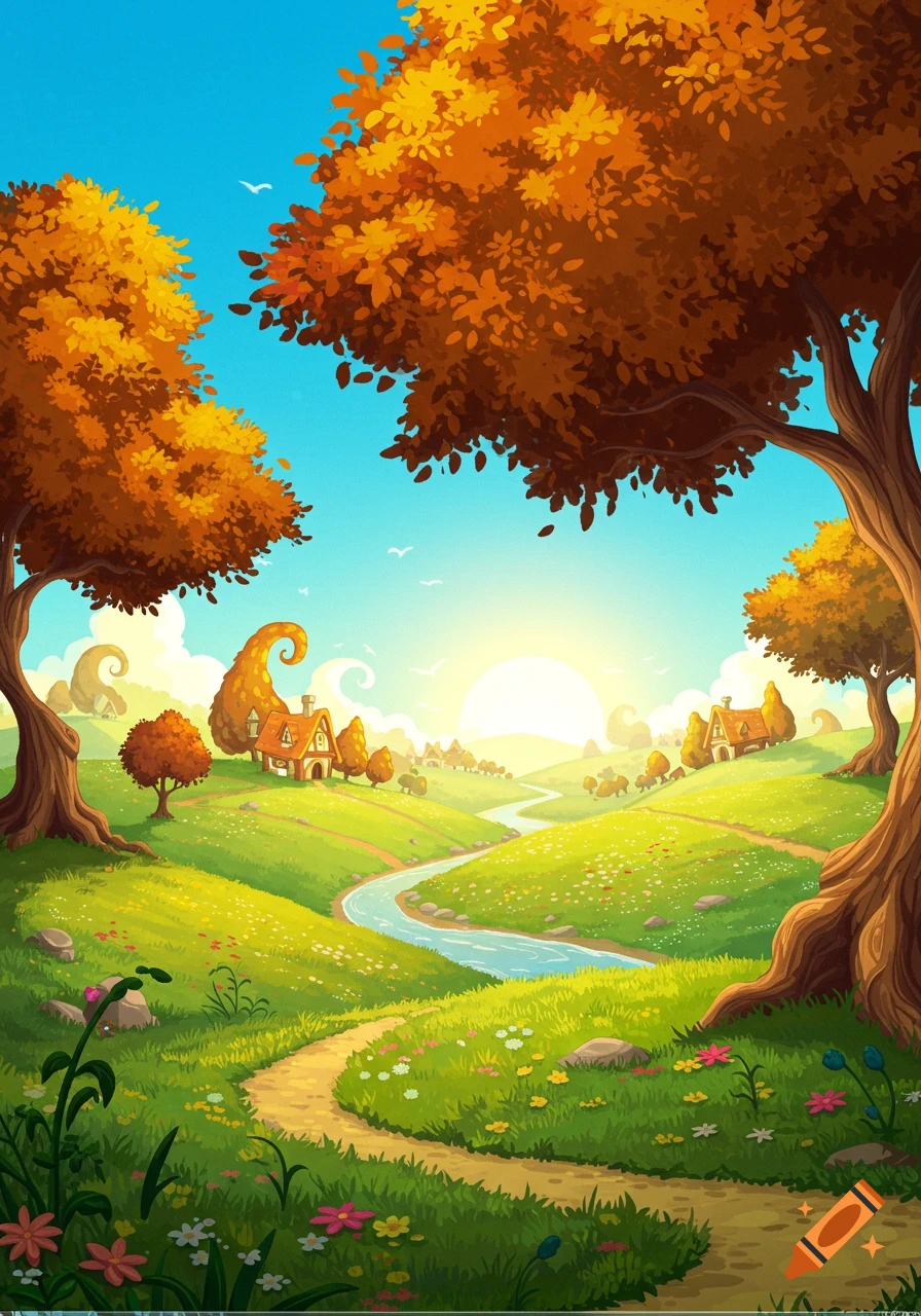 A vibrant, stylized fantasy landscape with rolling green hills, a winding river, small houses, and orange-leafed trees under a bright sky.