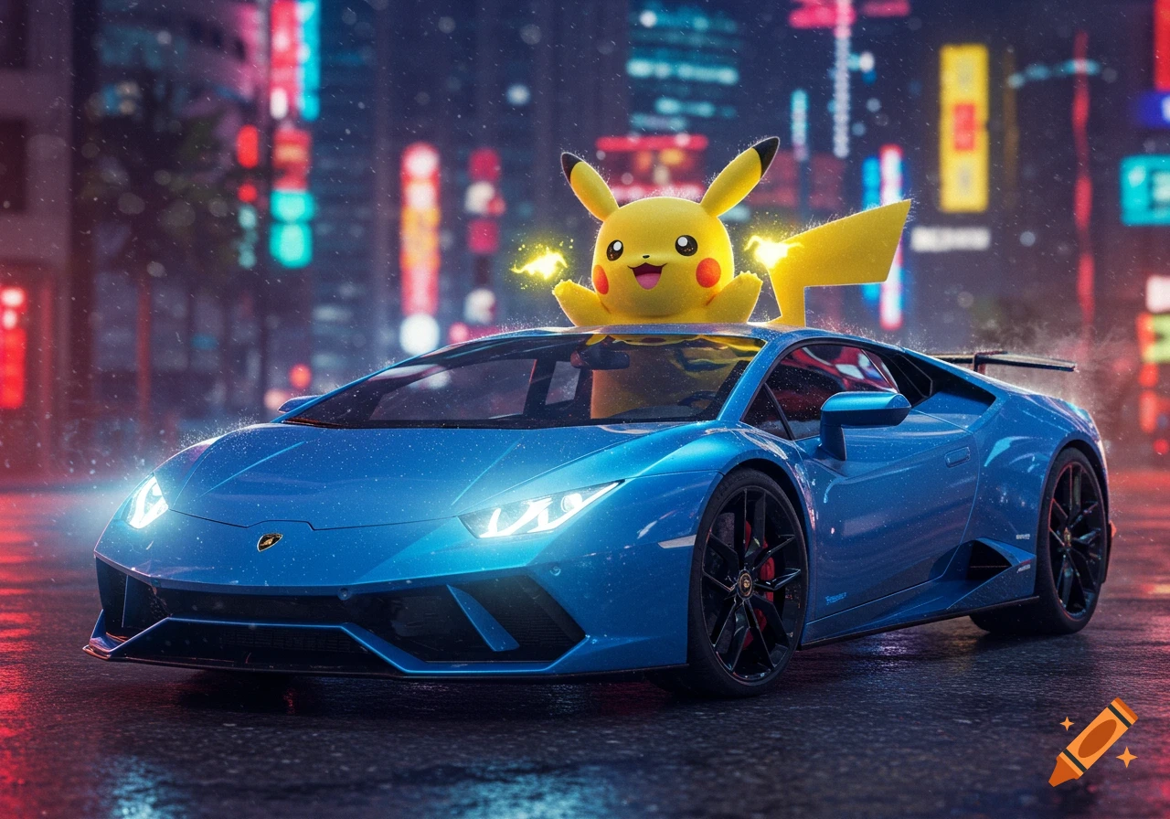 Photorealistic Pikachu standing out of a blue Lamborghini's roof, driving through a neon-lit city street at night in the rain.