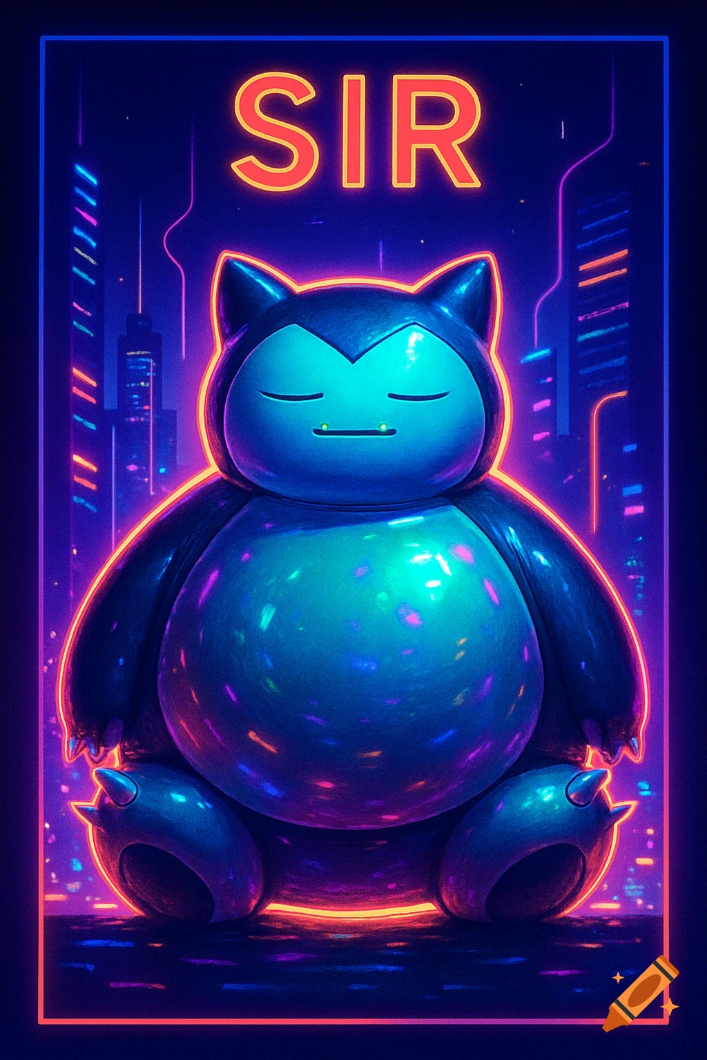 A neon poster featuring Snorlax in a cyberpunk cityscape, with the word 'SIR' glowing above it.