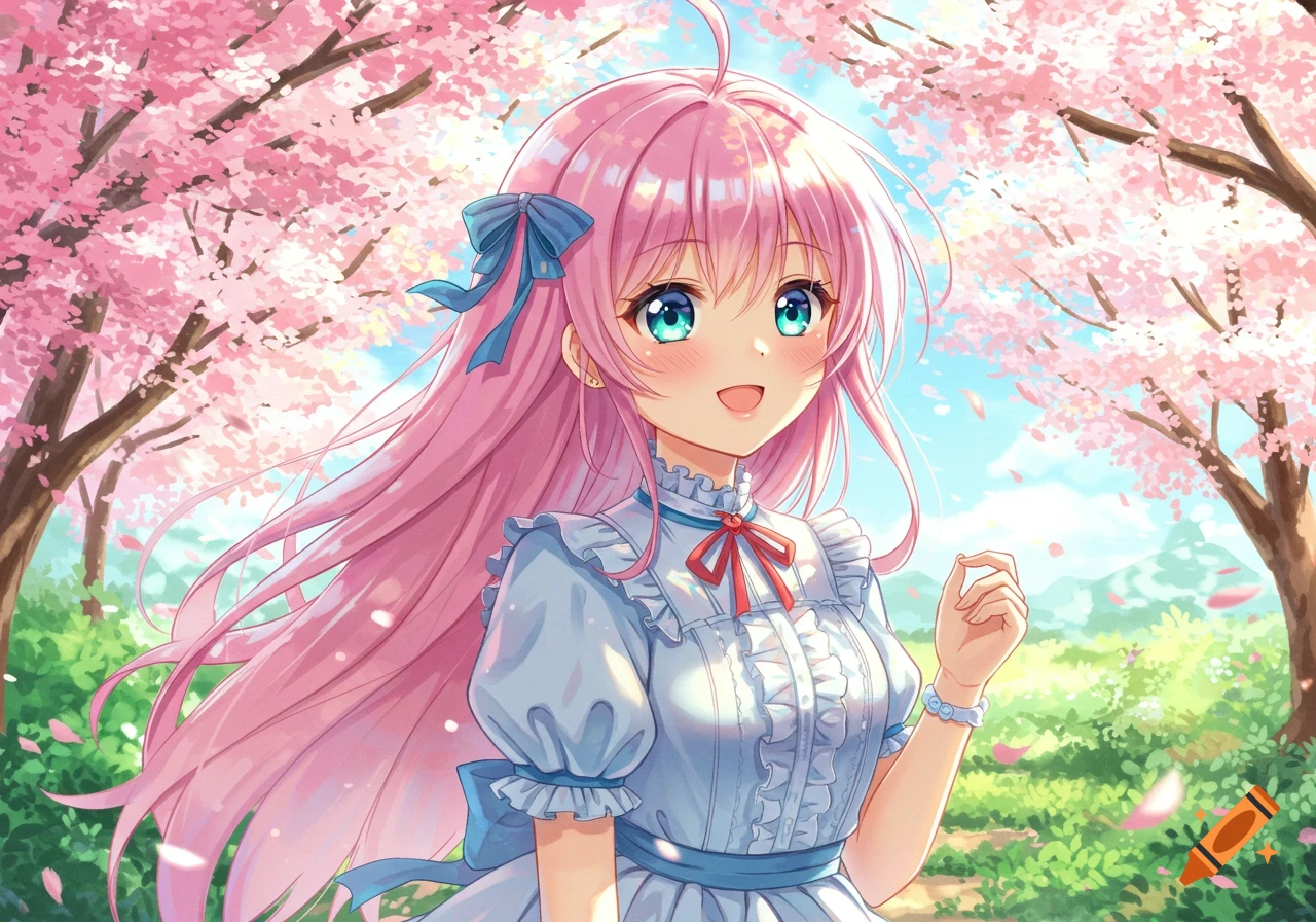 An anime girl with long pink hair and blue eyes smiles in a light blue frilly dress among cherry blossom trees.
