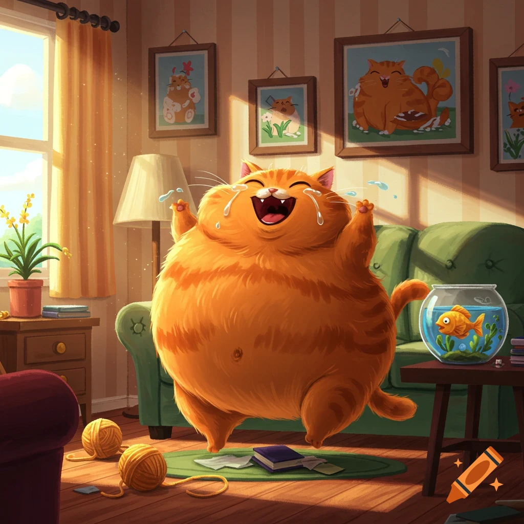 A portly, orange tabby cat with a wide open mouth, closed eyes, and tears of laughter jumps in a sunny living room with a goldfish in a bowl.