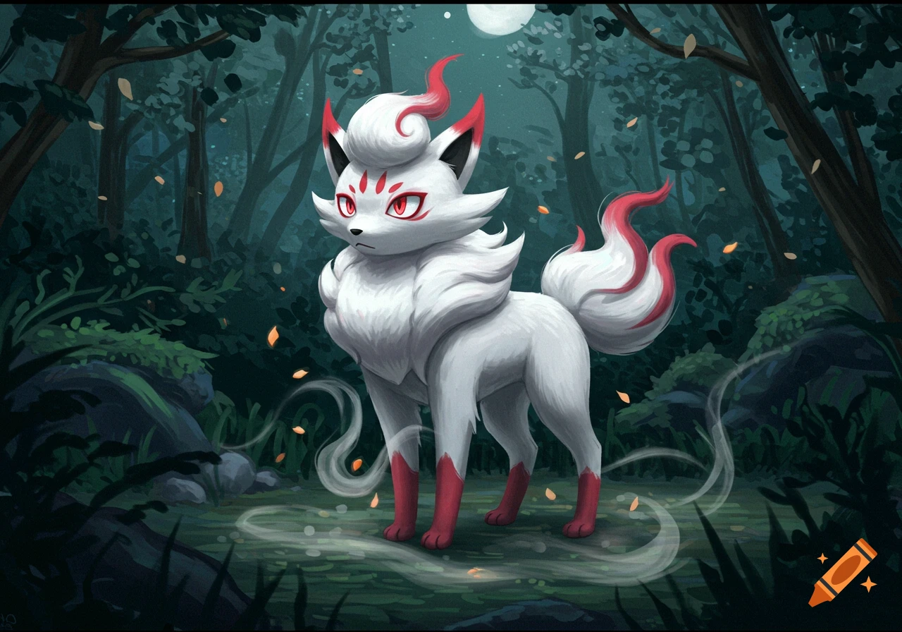 A white, fox-like Hisuian Zorua with red accents stands in a dark, mystical forest under a full moon, with glowing particles around it.