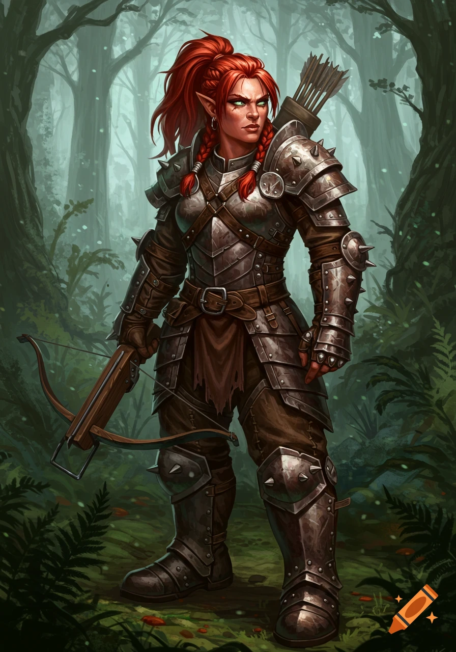 A female elf ranger with red hair and studded armor stands in a forest, holding a crossbow.