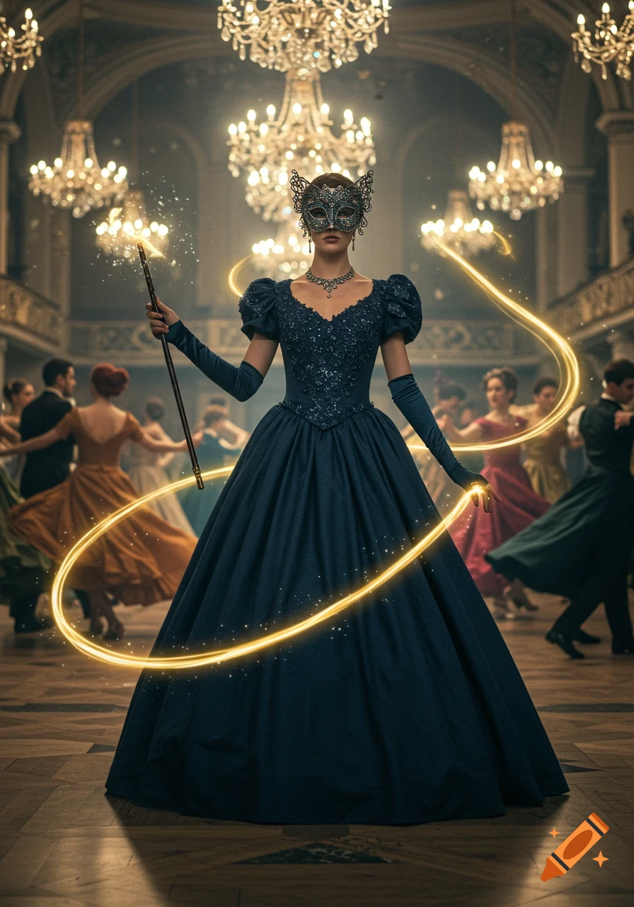 A woman in a dark blue ballroom gown and intricate mask holds a glowing magic wand amidst dancers in a grand, chandelier-lit ballroom.