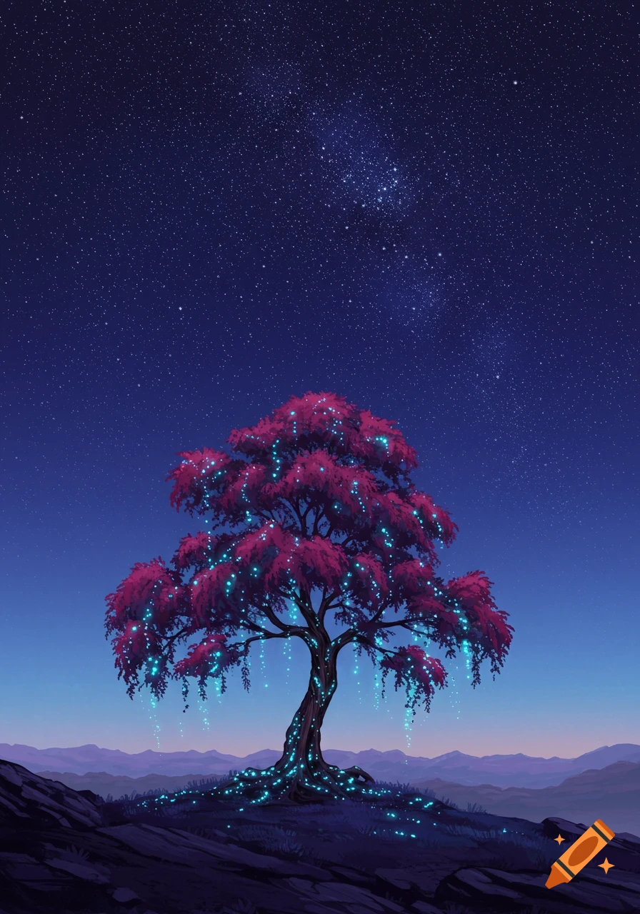 A vibrant purple weeping tree glows with blue bioluminescence under a vast, star-filled indigo night sky, overlooking distant hills.