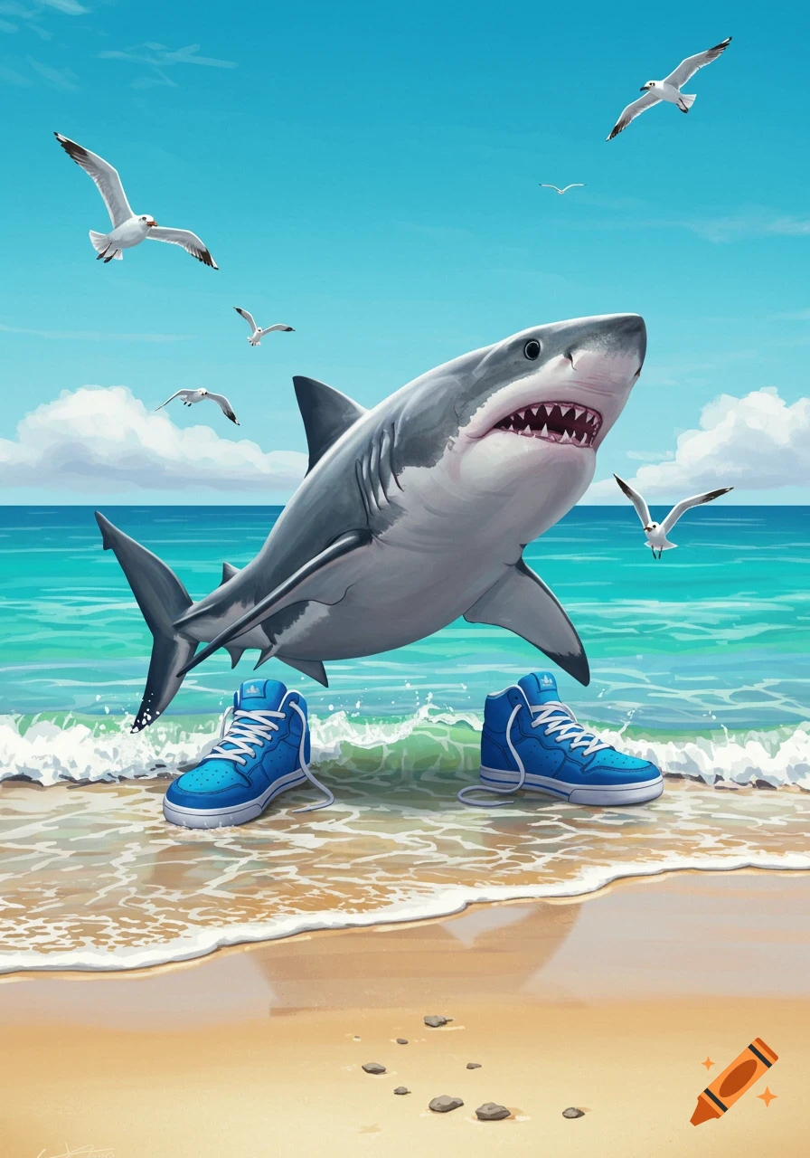 A cartoonish shark with blue high-top sneakers stands on a sandy beach as ocean waves lap its feet, with seagulls flying under a clear blue sky.