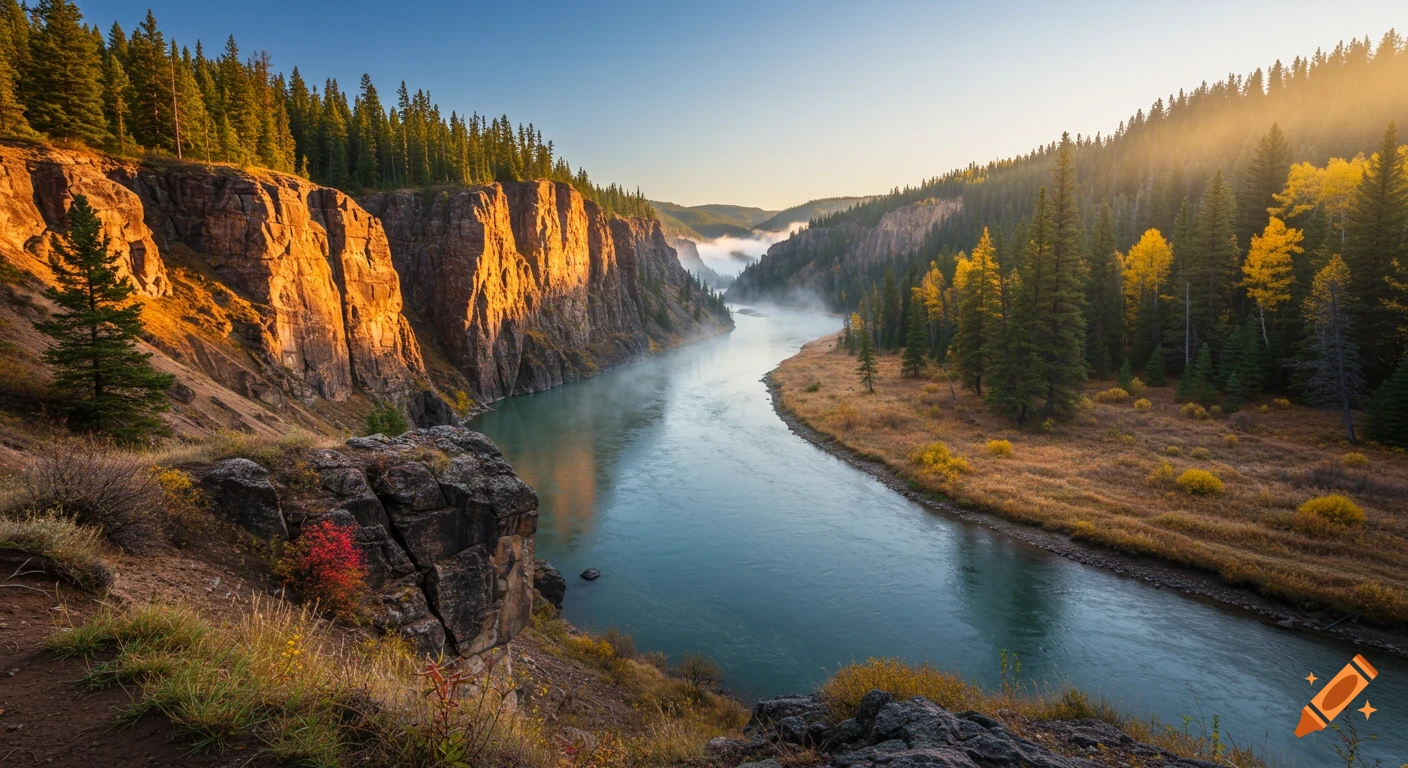 Photorealistic image of a river winding through a deep canyon with sunlit autumn foliage and mist.