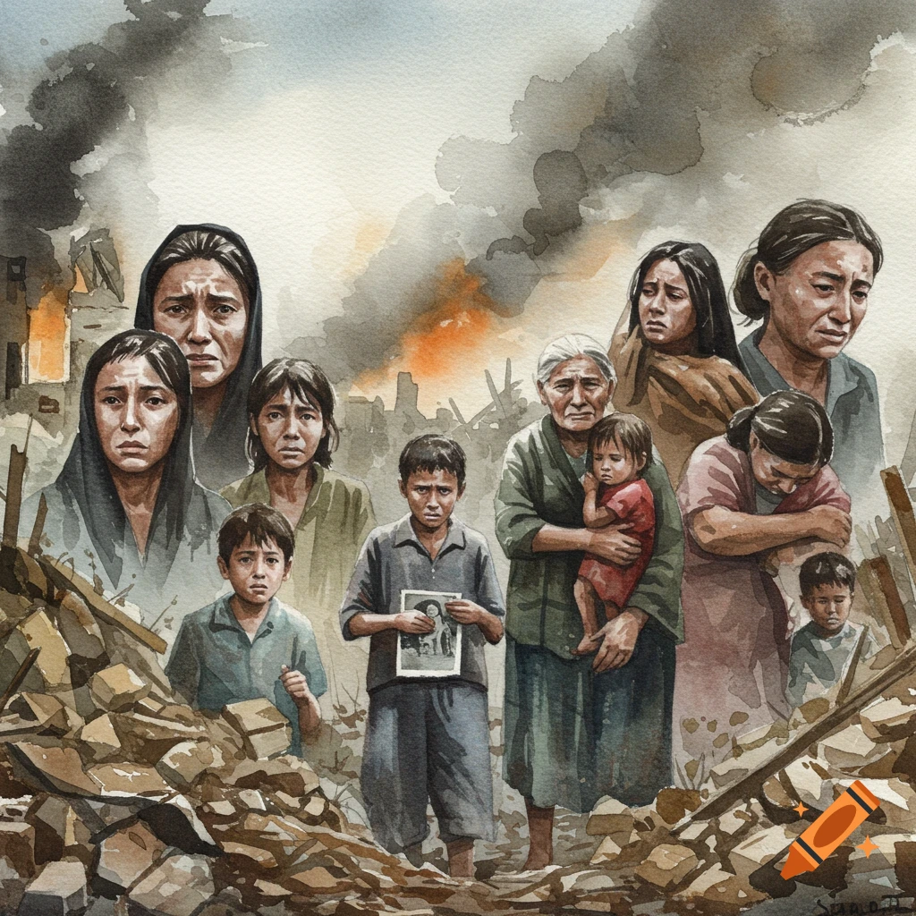 Watercolor painting of a group of sorrowful people, including women and children, amidst the rubble and smoke of a war-torn area.