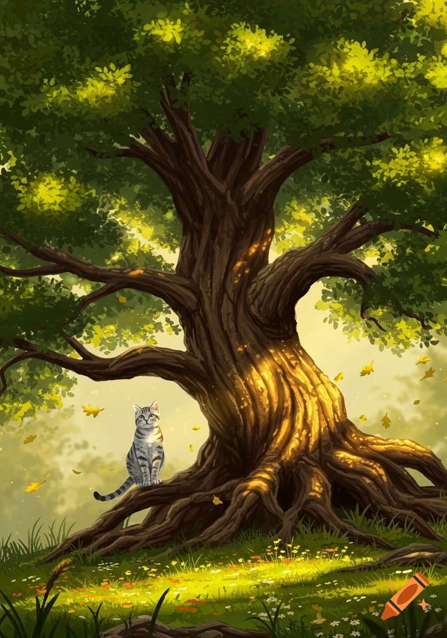 A grey tabby cat sits on the exposed roots of a massive, ancient tree in a sun-dappled forest, digital illustration.