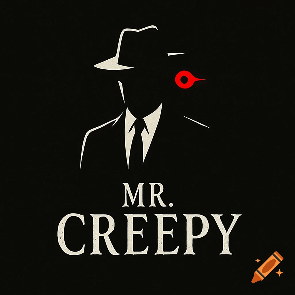 Minimalist logo of a silhouetted man in a fedora and suit with a single glowing red eye, text 'MR. CREEPY' below.