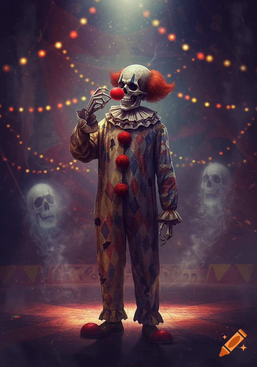 A spooky clown skeleton in a tattered harlequin suit holds a red nose in a dimly lit circus tent with ghostly skulls.