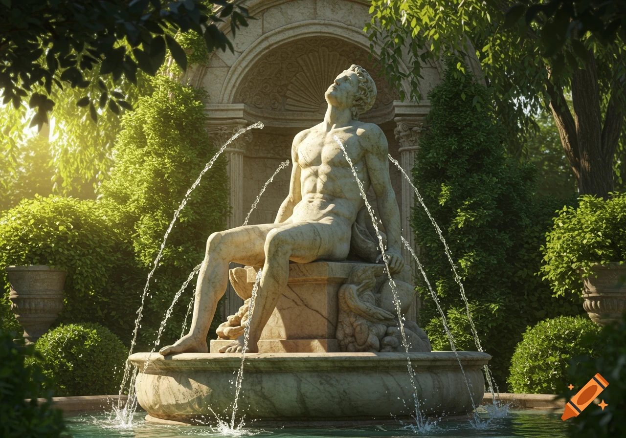 Marble statue of a man reclining in a garden fountain with water jets spraying.