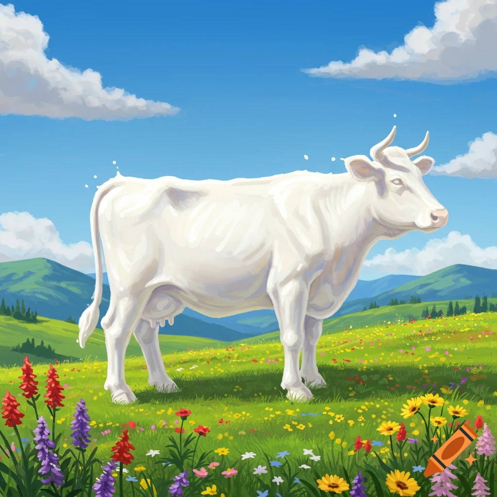 A white cow, appearing to be made of milk, stands in a lush meadow bursting with colorful wildflowers under a bright blue sky.