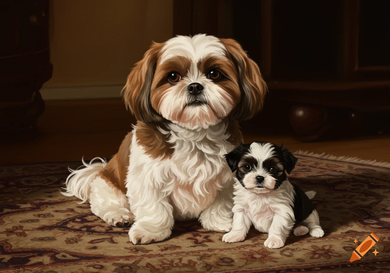 An adult brown and white Shih Tzu sits beside a tiny black and white Shih Tzu puppy on a patterned rug in a warm, dimly lit room.