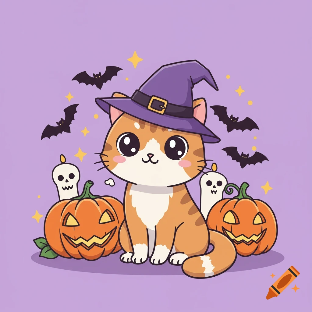 A cute kawaii cartoon cat in a purple witch hat, surrounded by jack-o'-lanterns, ghosts, and bats on a lavender Halloween background.