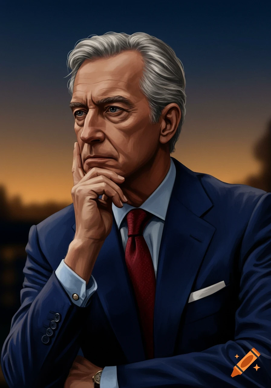 Illustrative portrait of an older man with white hair in a suit, looking thoughtfully to the side, hand on chin.