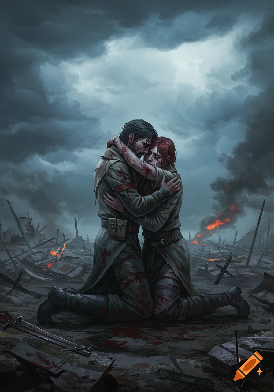 Illustration of a wounded couple embracing in a ruined battlefield under a dark sky, bloodied and mournful.