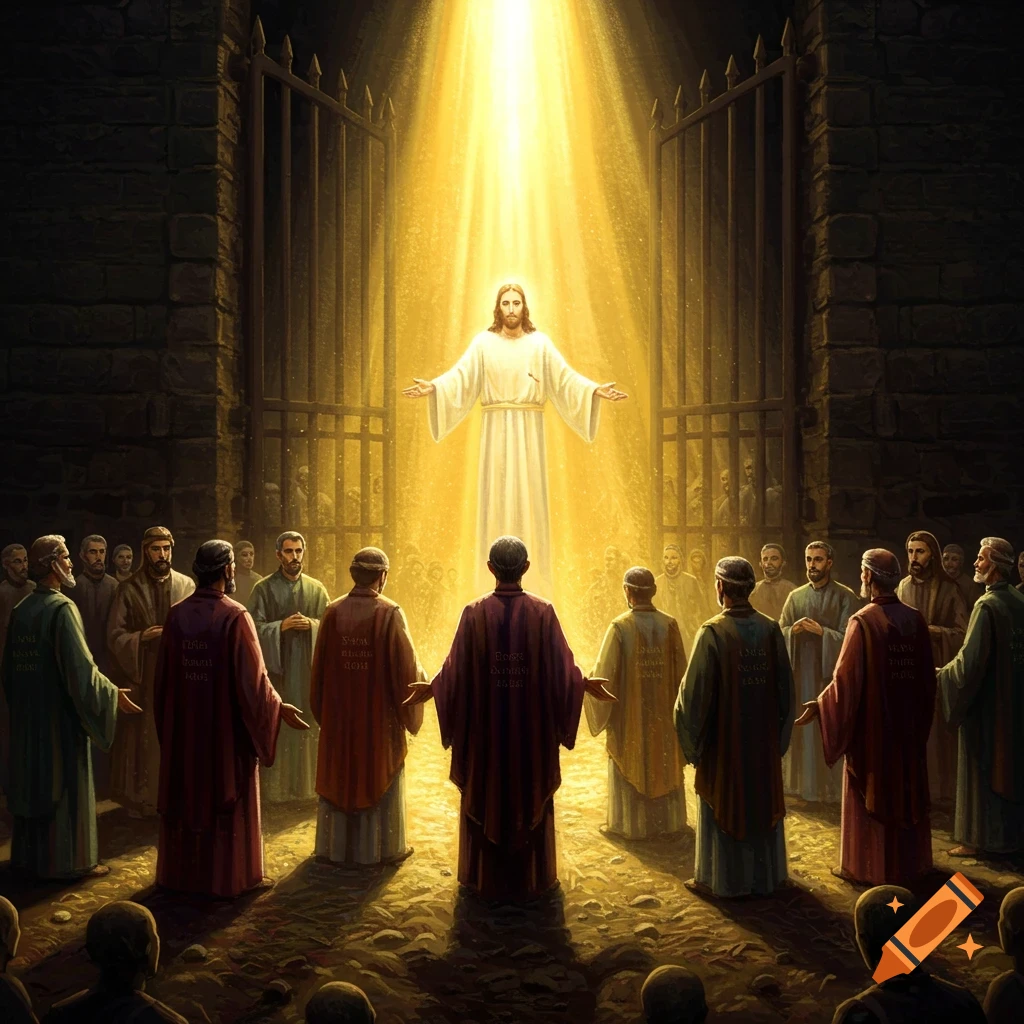 Jesus stands radiant with open arms before glowing gates, addressing a group of prophets and missionaries.