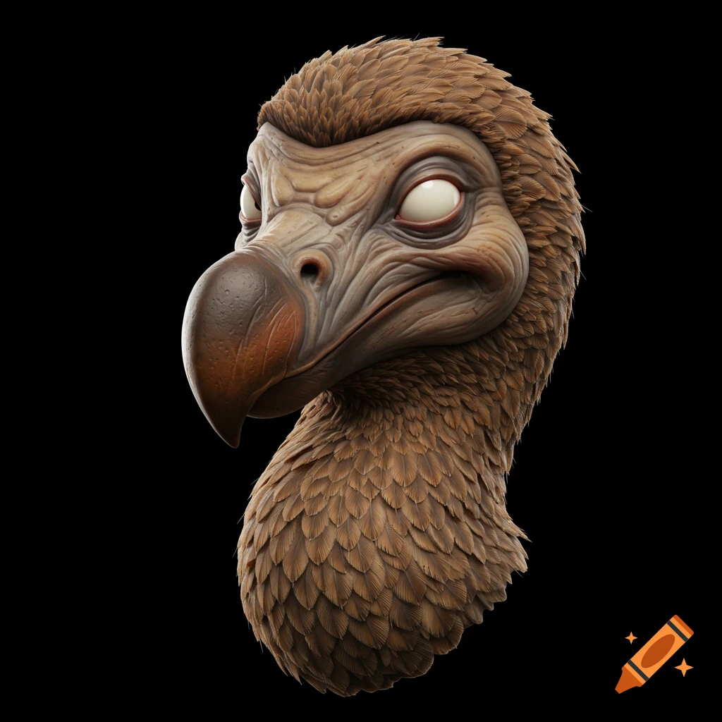 Close-up bust of an evil-looking dodo bird with textured brown feathers and wrinkled skin on a black background.