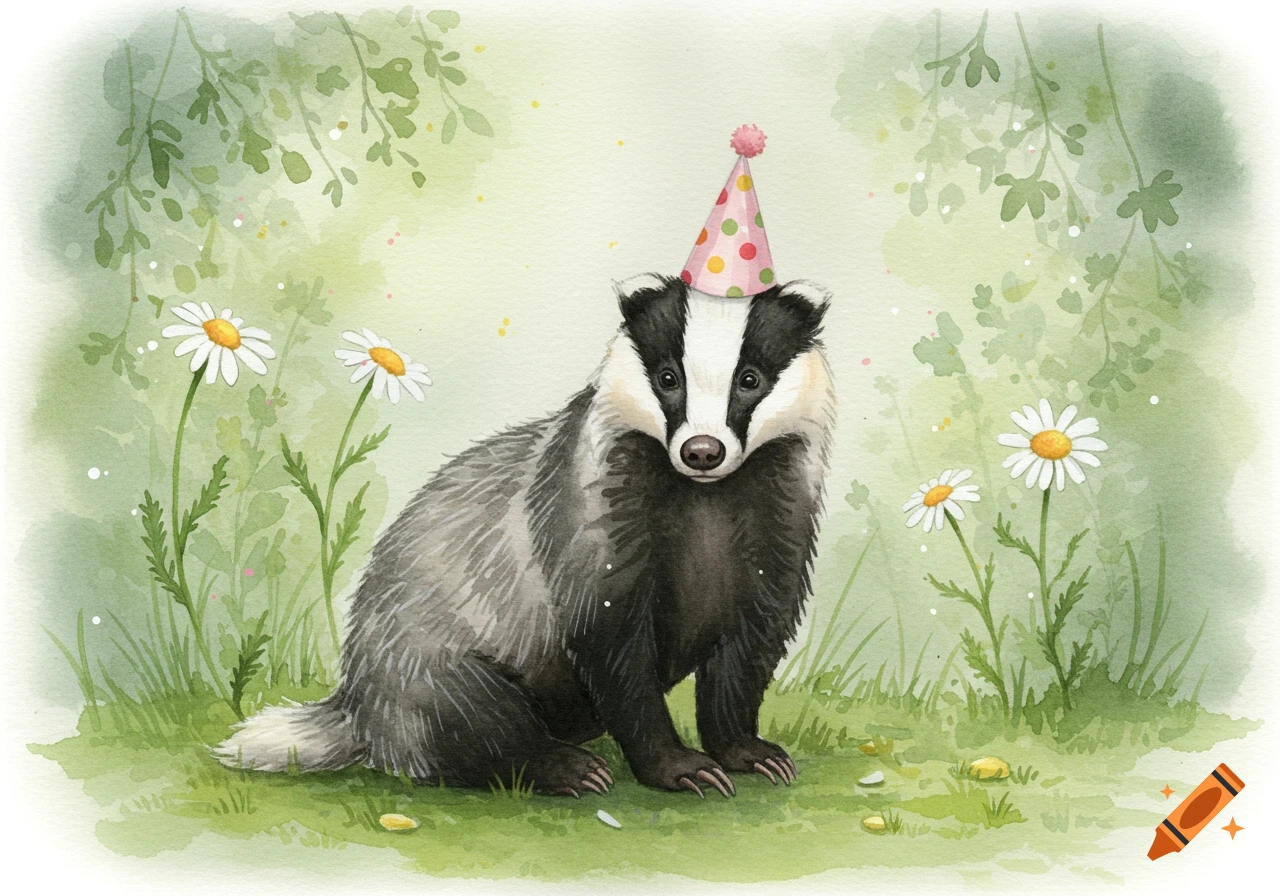 Watercolor illustration of a badger wearing a pink polka-dotted party hat, sitting in a field of daisies.