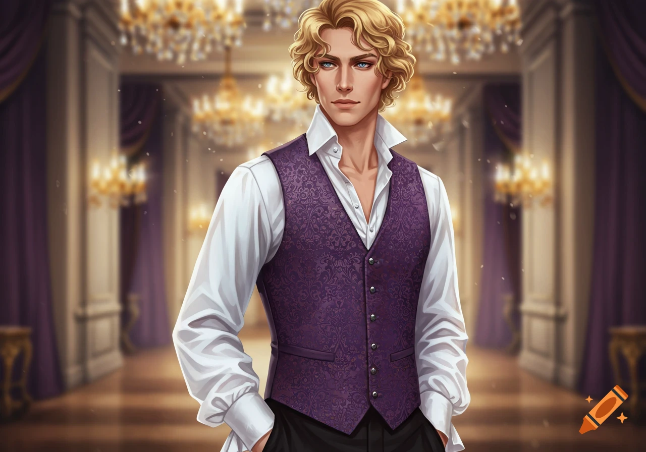 Digital illustration of a man with blonde curly hair and blue eyes, wearing a white shirt and a purple patterned vest, standing in a grand hall.