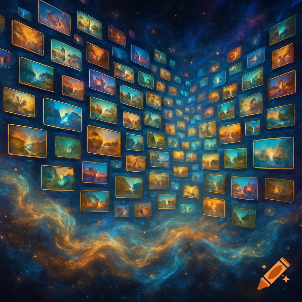 A curved digital art gallery showcases numerous framed paintings of vibrant nebulae and abstract cosmic scenes in a starry space.