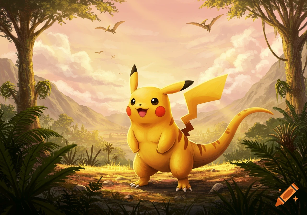 A dinosaur-like Pikachu stands in a vibrant prehistoric jungle with pterodactyls flying in the pink sky, digital art.