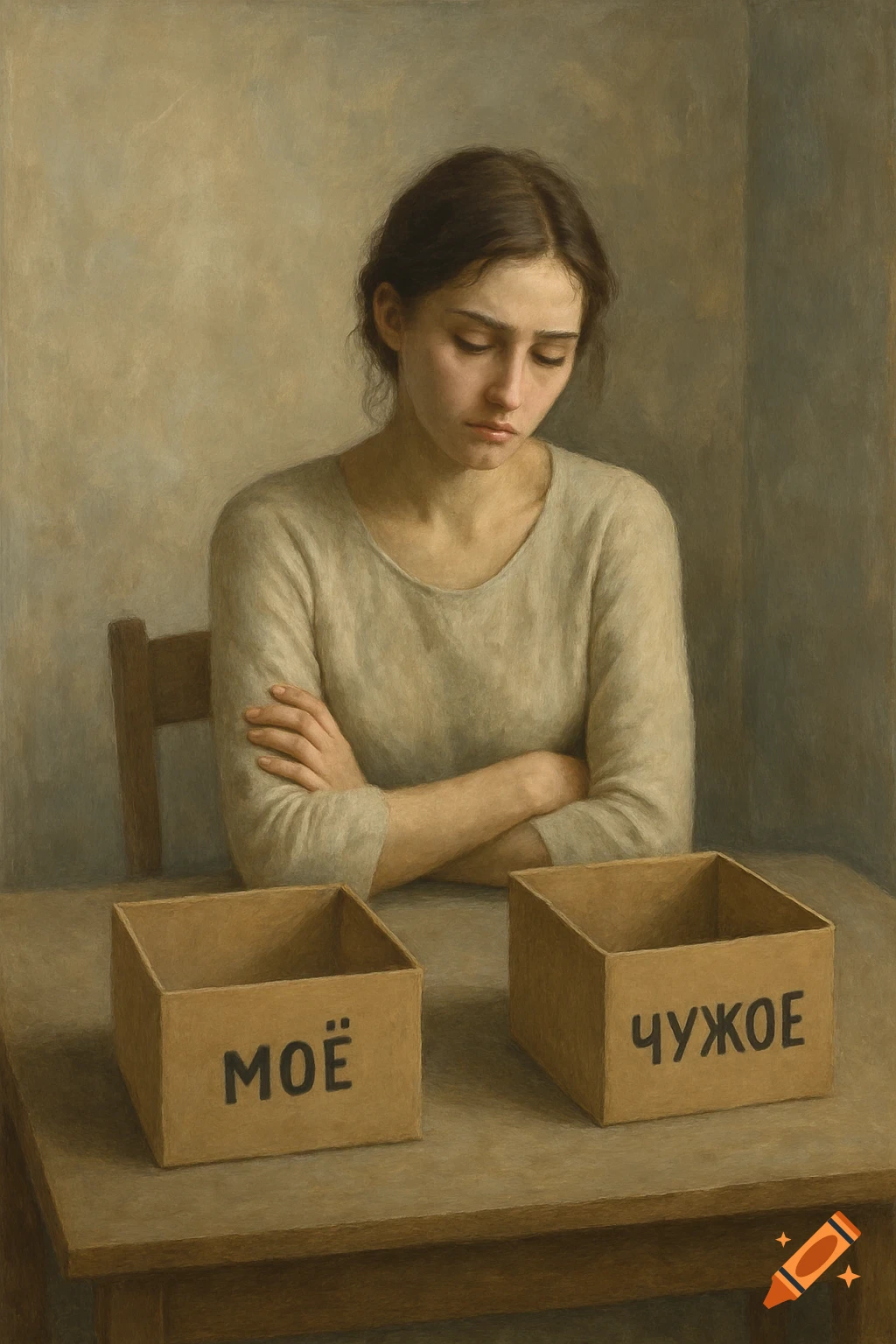 A young woman with a sad expression sits at a table, looking at two boxes labeled 'Mine' and 'Theirs' in a realistic painting.