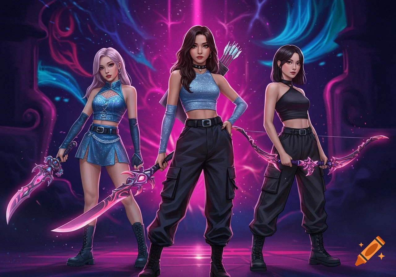 Digital illustration of three K-pop fantasy warriors in tactical and sparkly outfits, holding glowing swords and a bow against a neon background.
