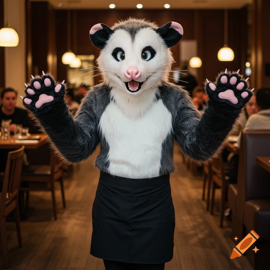 A detailed gray and white opossum fursuit with a pink nose and paw pads, wearing a black apron, stands in a restaurant with paws raised.
