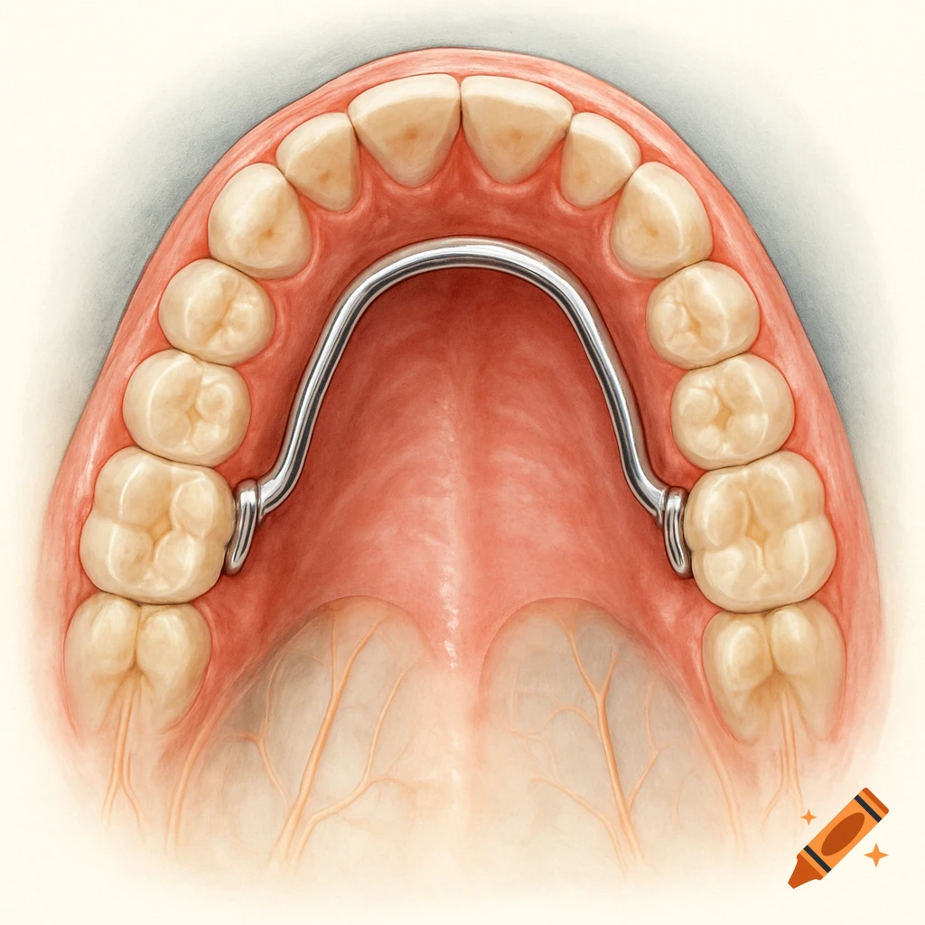 Illustration of the roof of a human mouth with a simple palatal bar connecting the upper molars.