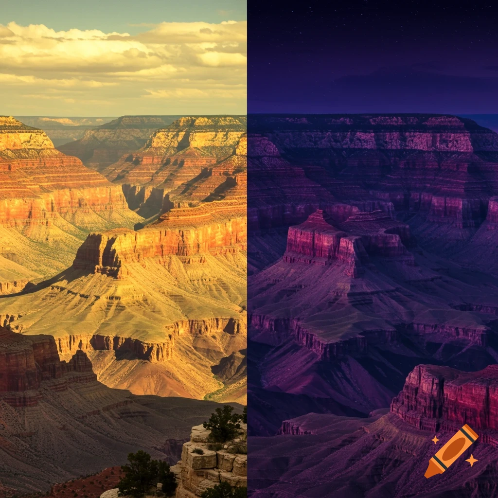 A split image of the Grand Canyon, showing a yellow-toned day scene on the left and a purple-toned night scene with stars on the right.