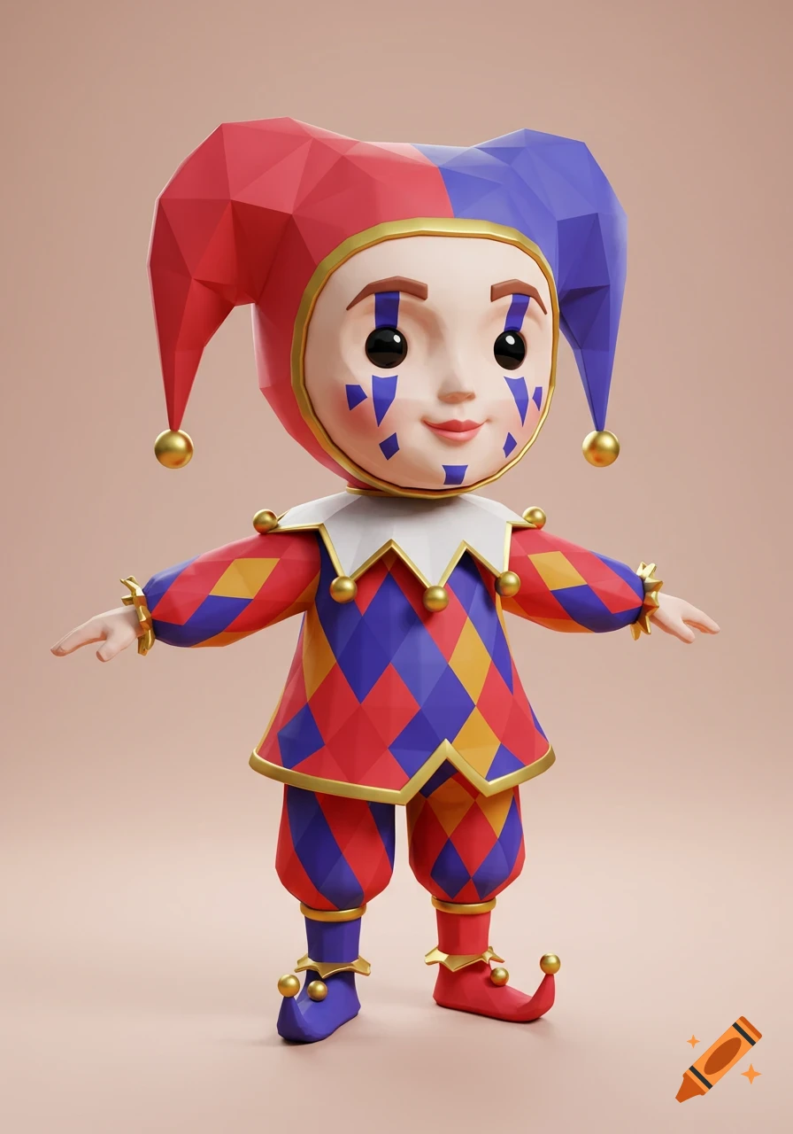 A colorful, low-poly 3D render of a harlequin character in a red, blue, and gold diamond-patterned costume with a jester hat and bells, standing in a T-pose.