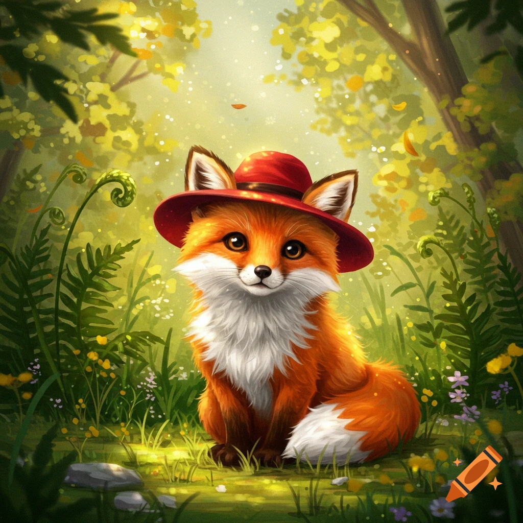 A cute, fluffy orange fox wearing a red hat sits in a sunny, green forest with ferns and colorful flowers.