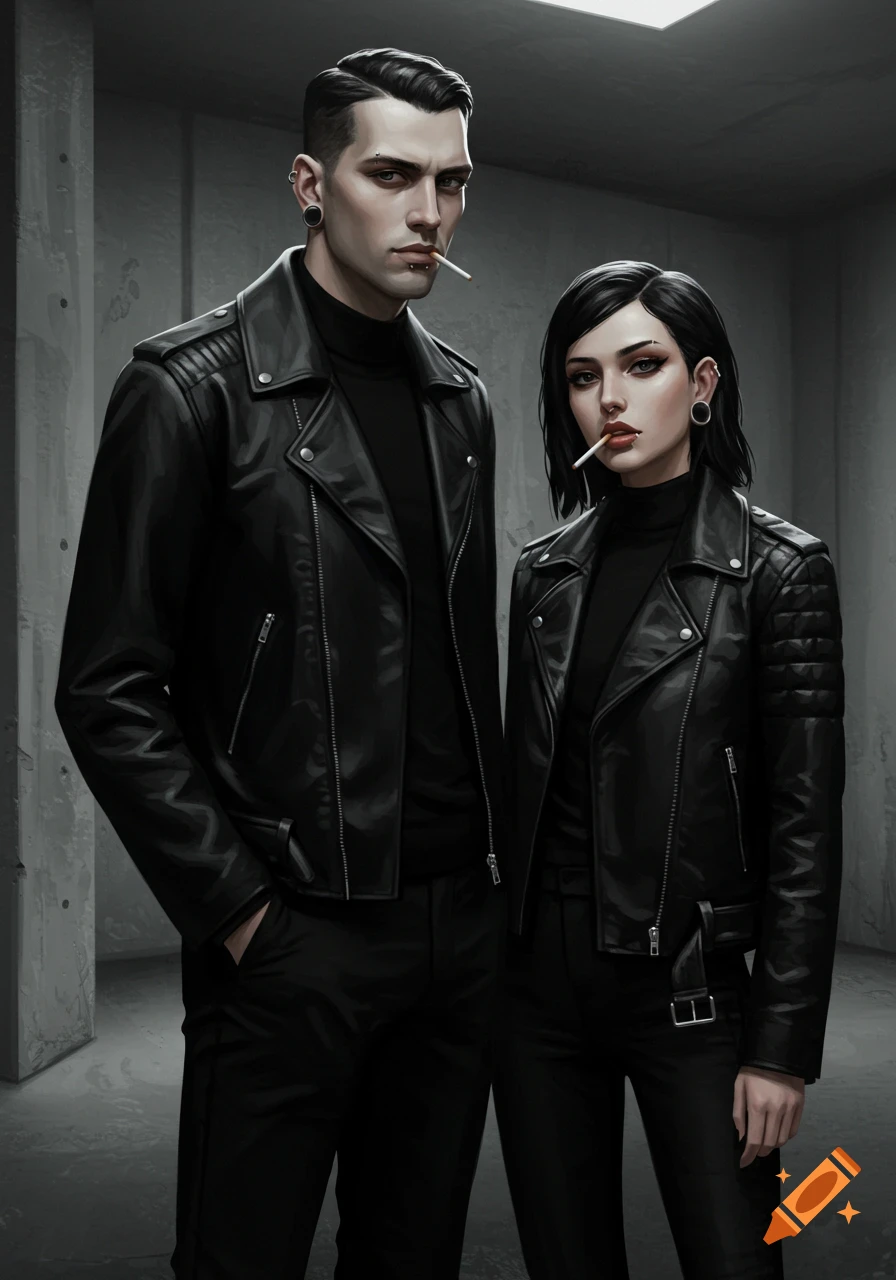 A man and woman in black leather jackets, with piercings and cigarettes, standing in a dark concrete room.