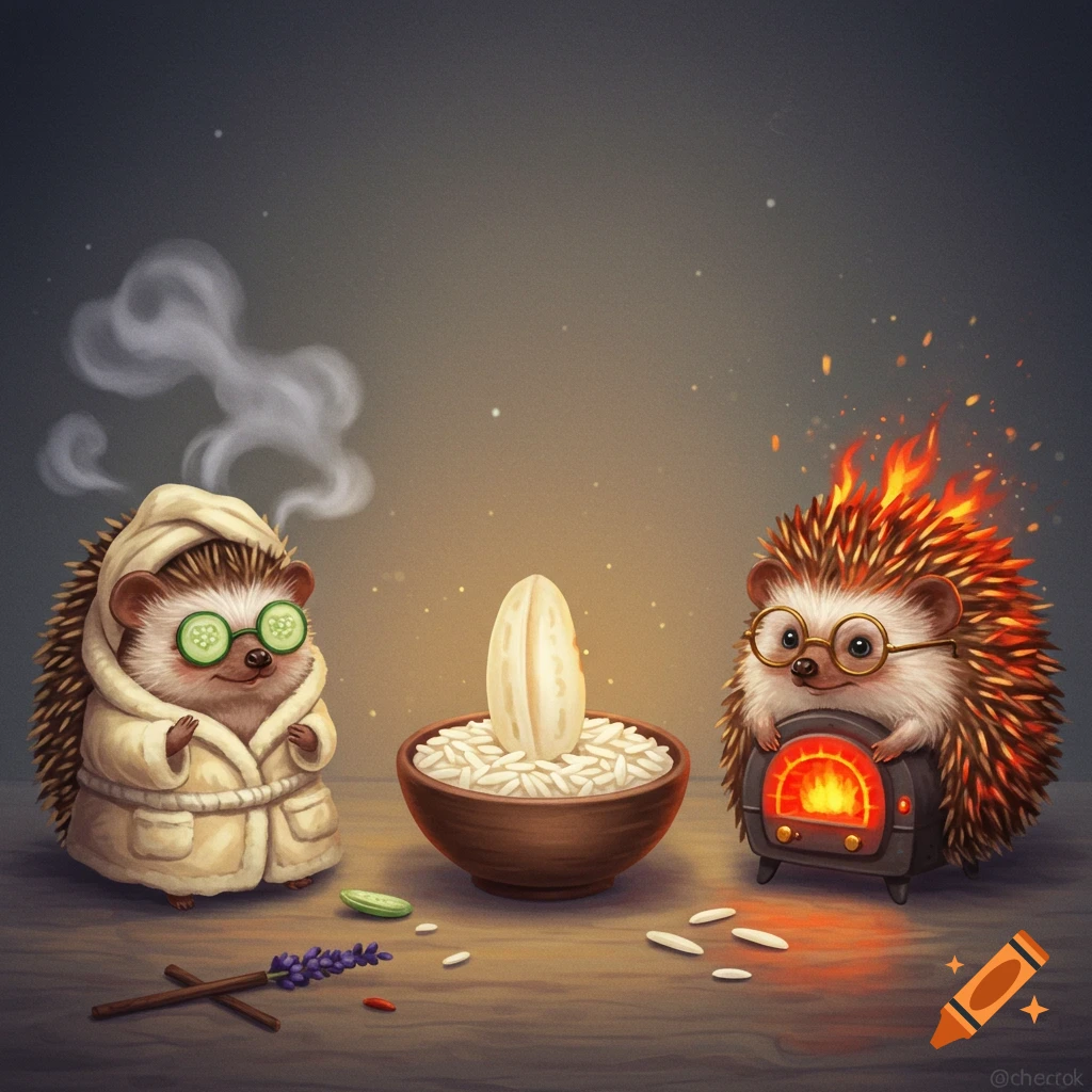 A cute hedgehog in a spa robe with cucumber eye masks and steam, next to a bowl of rice with a giant rice grain, and another hedgehog with fire on its head, holding a tiny furnace.