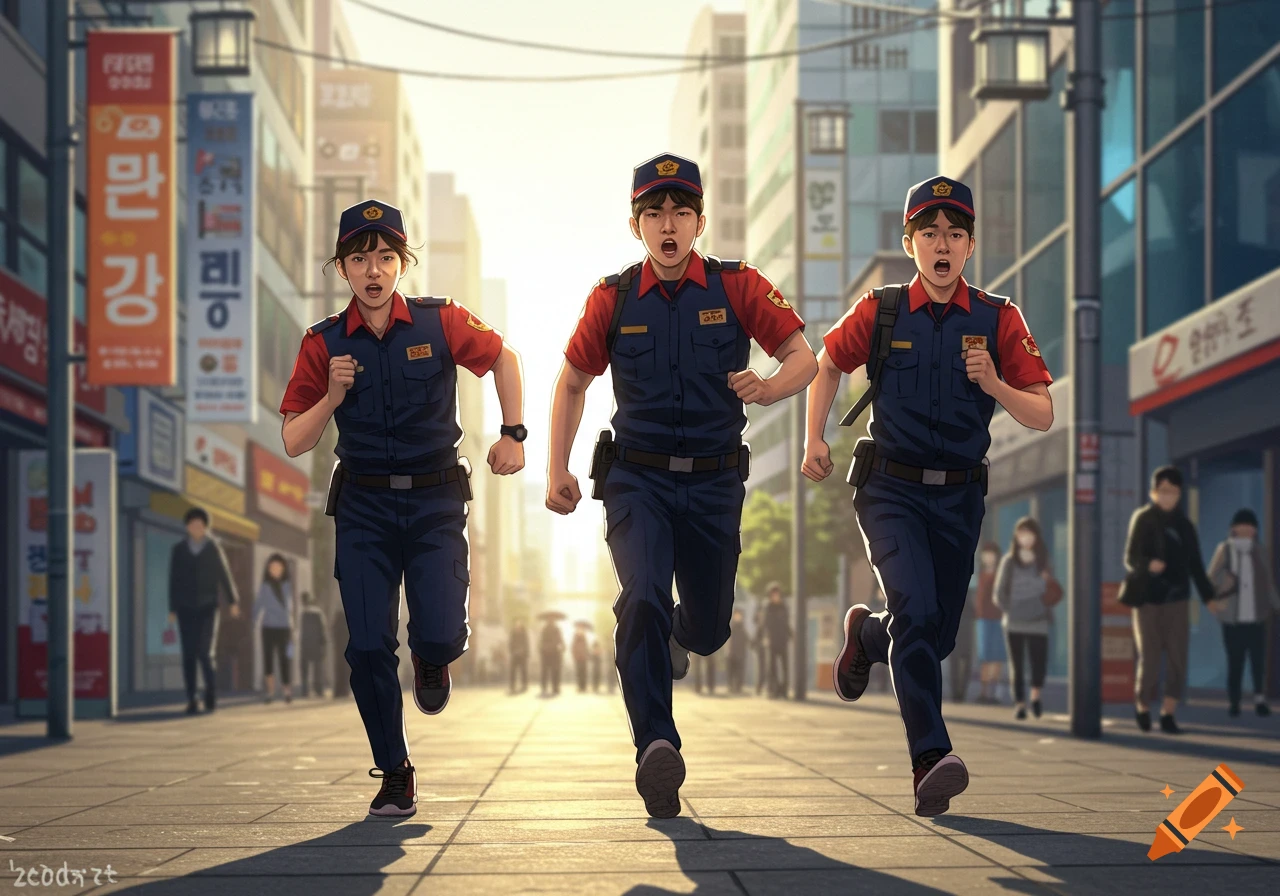 Three individuals in red and blue uniforms run down a sunny city street with buildings in the background.